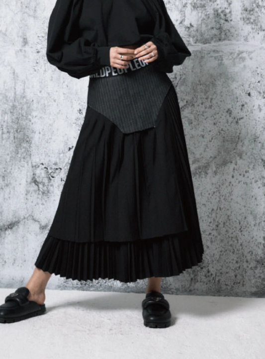 PEOPLE OF THE WORLD DENIM COMBINATION PLEATED SKIRT