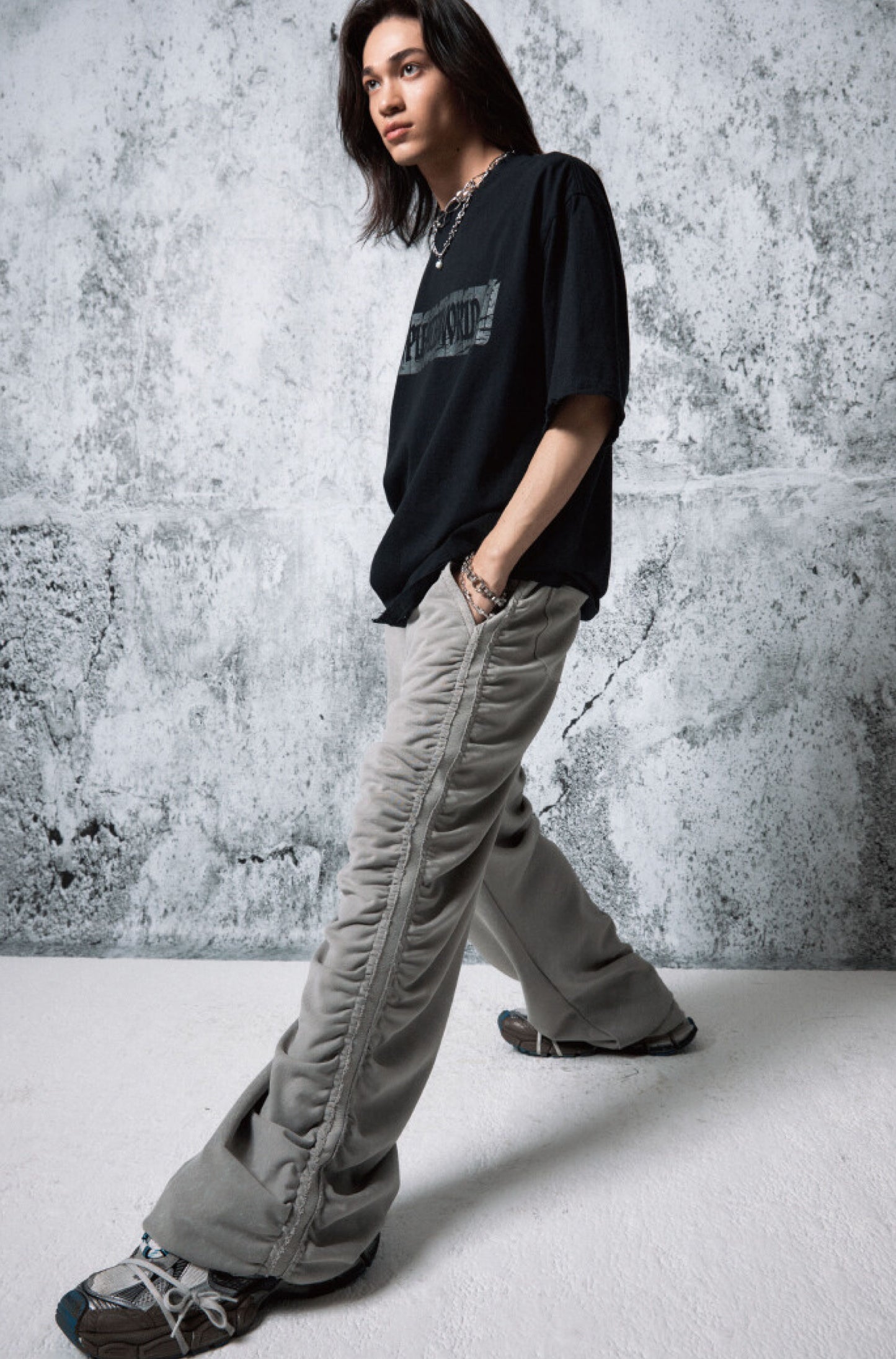 PEOPLE OF THE WORLD SHIRRING WIDE BANDED PANTS GRAY