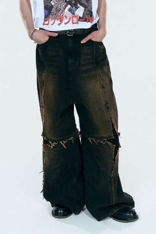 UL:KIN CROSS RAW EDGE DENIM PANTS BLACK