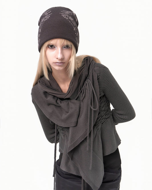 OJOS RUFFLED DRAPE ANGORA CARDIGAN CHARCOAL