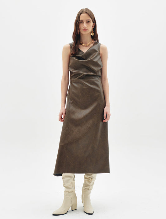 OCT31 FAUX LEATHER DRAPED DRESS
