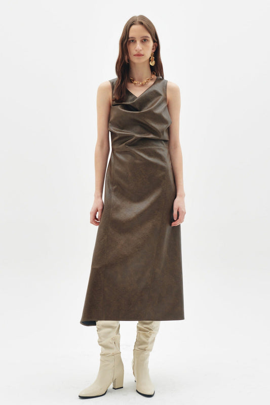 OCT31 FAUX LEATHER DRAPED DRESS