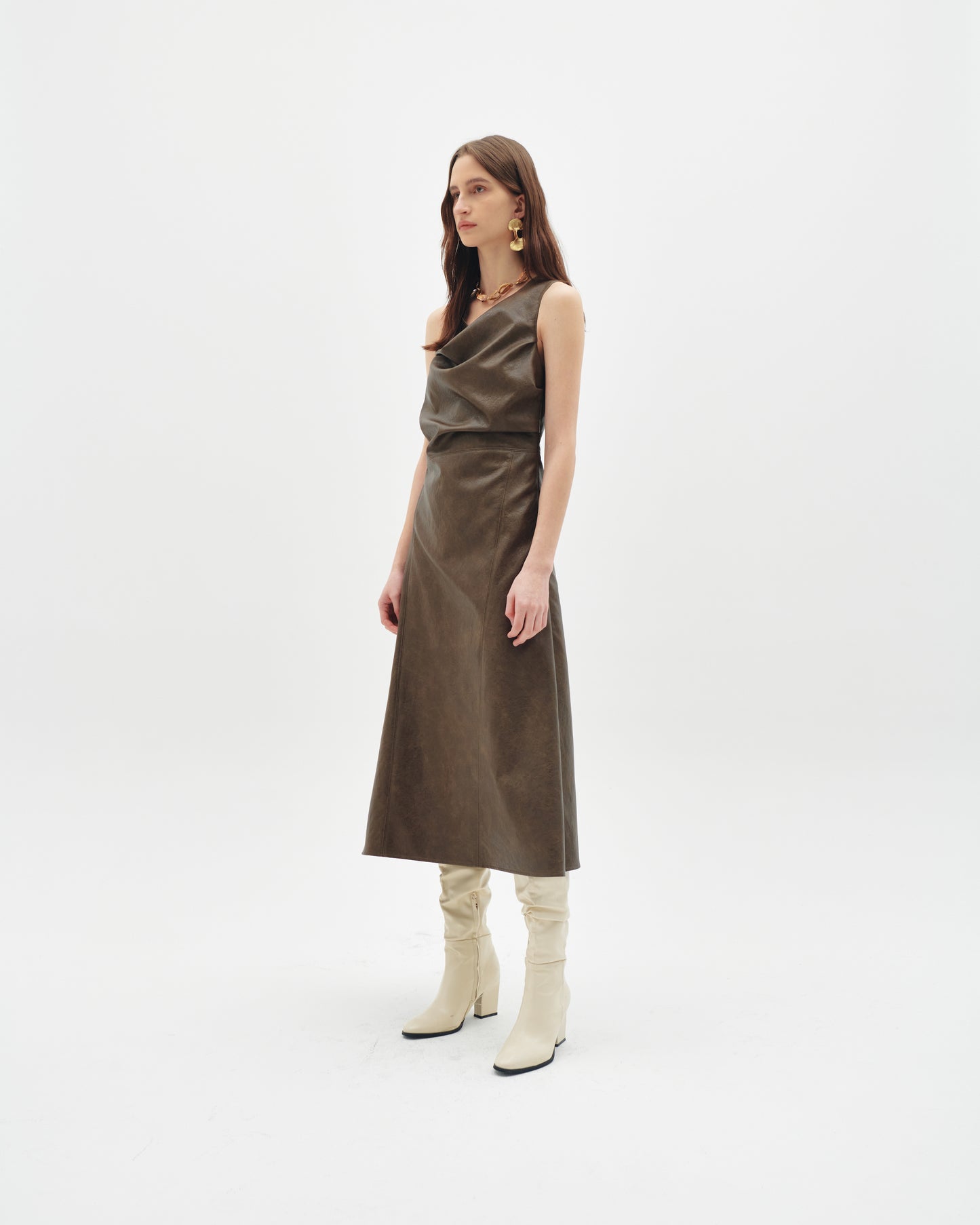 OCT31 FAUX LEATHER DRAPED DRESS