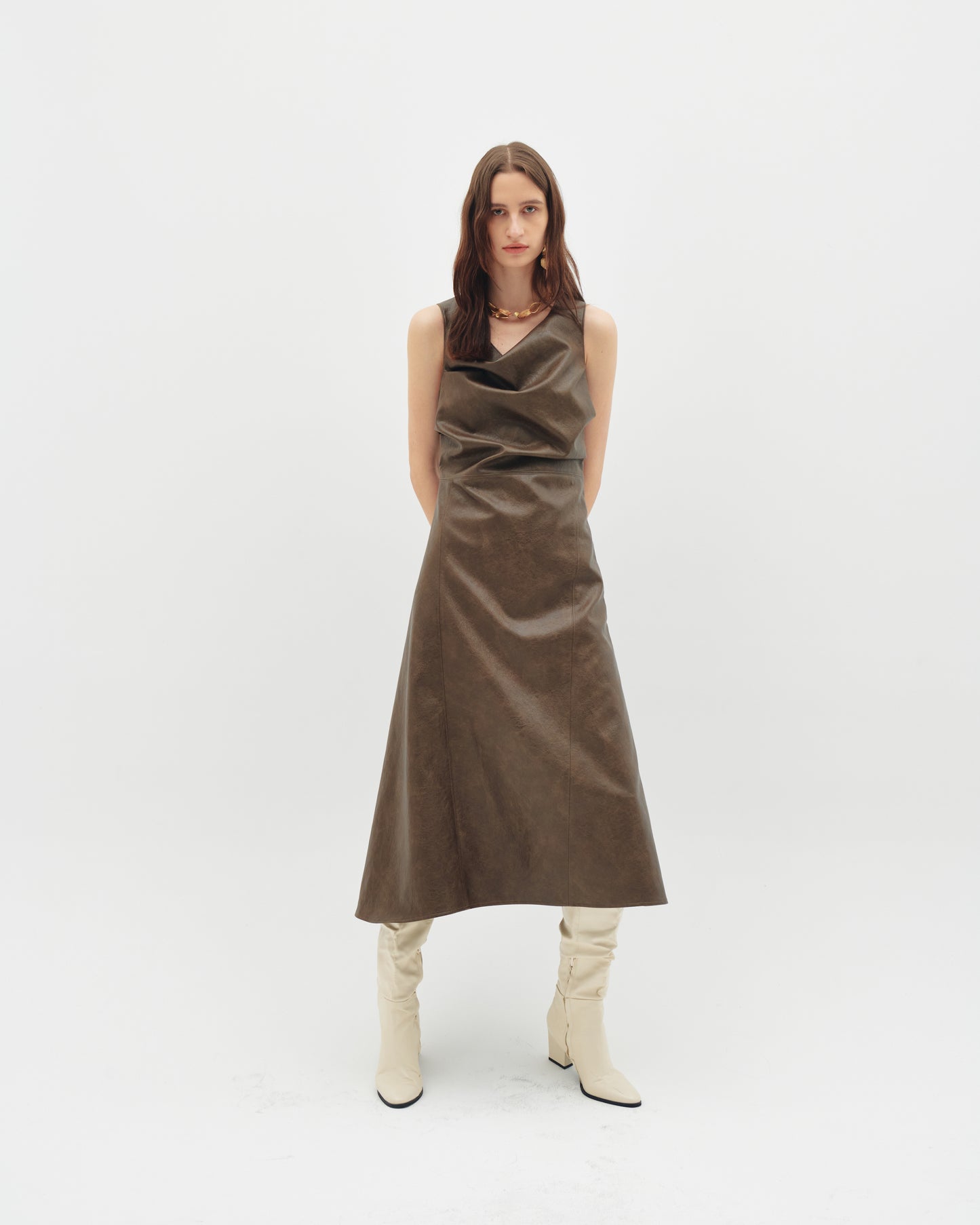 OCT31 FAUX LEATHER DRAPED DRESS