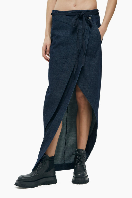 MALLONI LONG ASYMMETRIC DENIM SKIRT