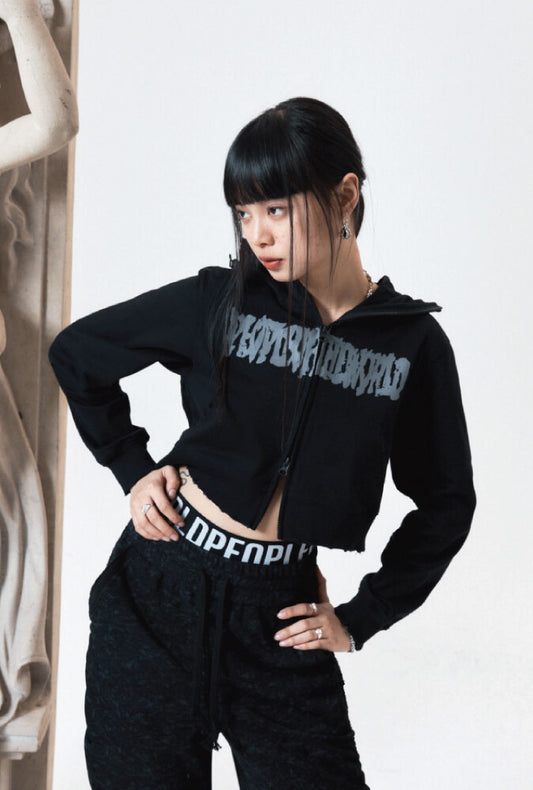 PEOPLE OF THE WORLD CROPPED LOGO HOODIE ZIP-UP BLACK