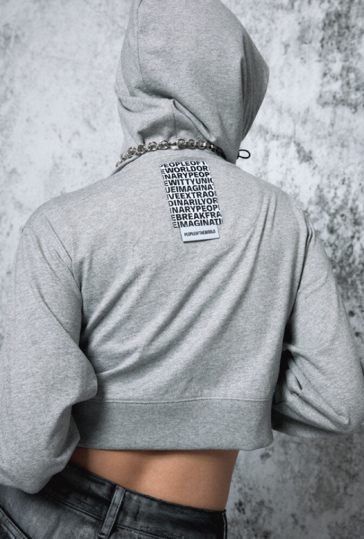 PEOPLE OF THE WORLD CROPPED LOGO HOODIE ZIP-UP GREY