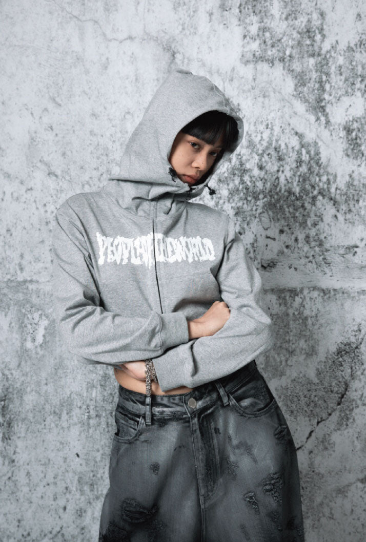 PEOPLE OF THE WORLD CROPPED LOGO HOODIE ZIP-UP GREY