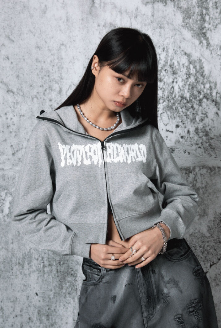 PEOPLE OF THE WORLD CROPPED LOGO HOODIE ZIP-UP GREY