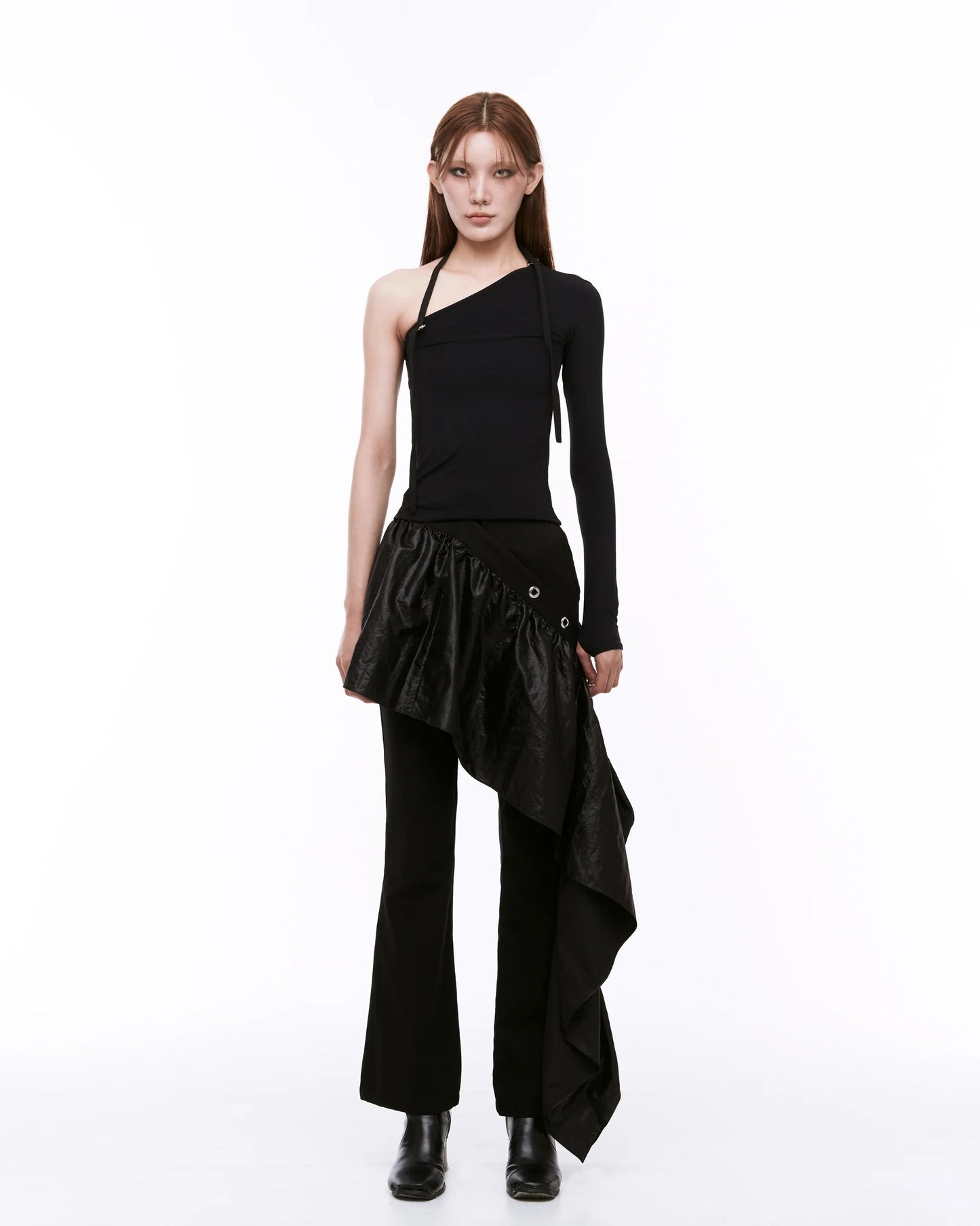 ARTSDEBASE DRAPING BOOT CUT PANTS BLACK