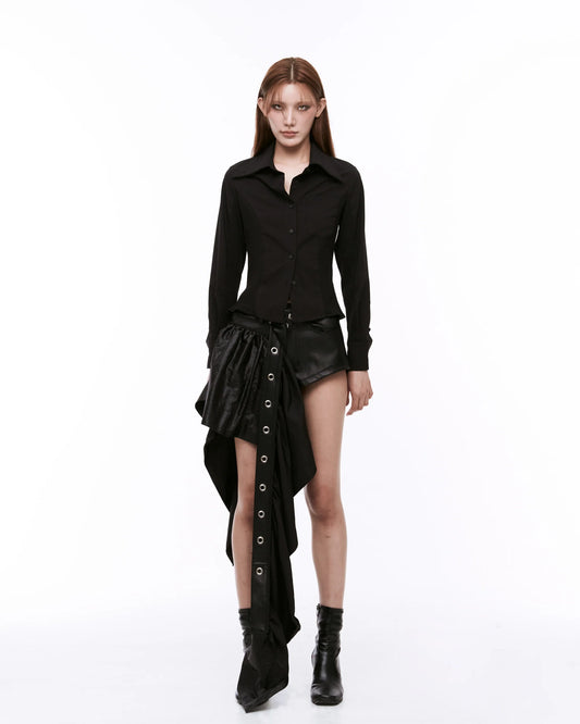 ARTSDEBASE ARTIFICIAL LEATHER DRAPING SHORT PANTS BLACK